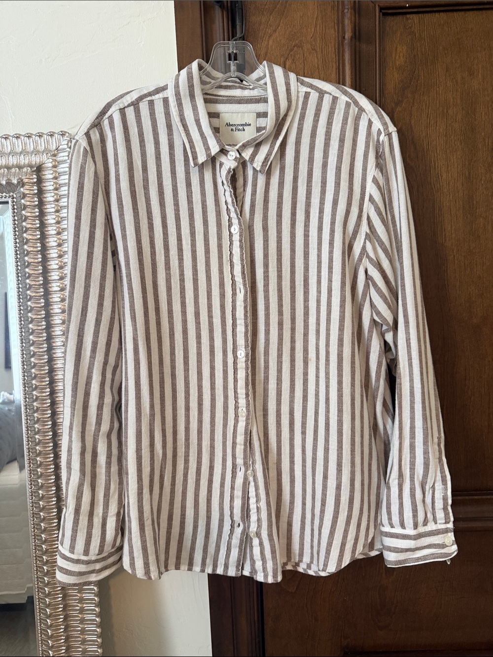 Abercrombie & Fitch Brown and White Vertical Stripe Button-Down Shirt